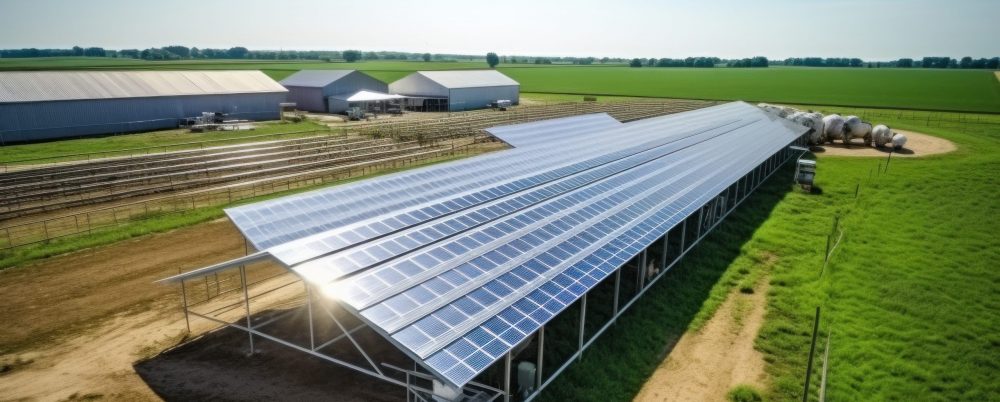 Top view image of a dairy farm with large agricultural land. Install solar panels to generate electricity and provide shade for cows and reduce heat stress
